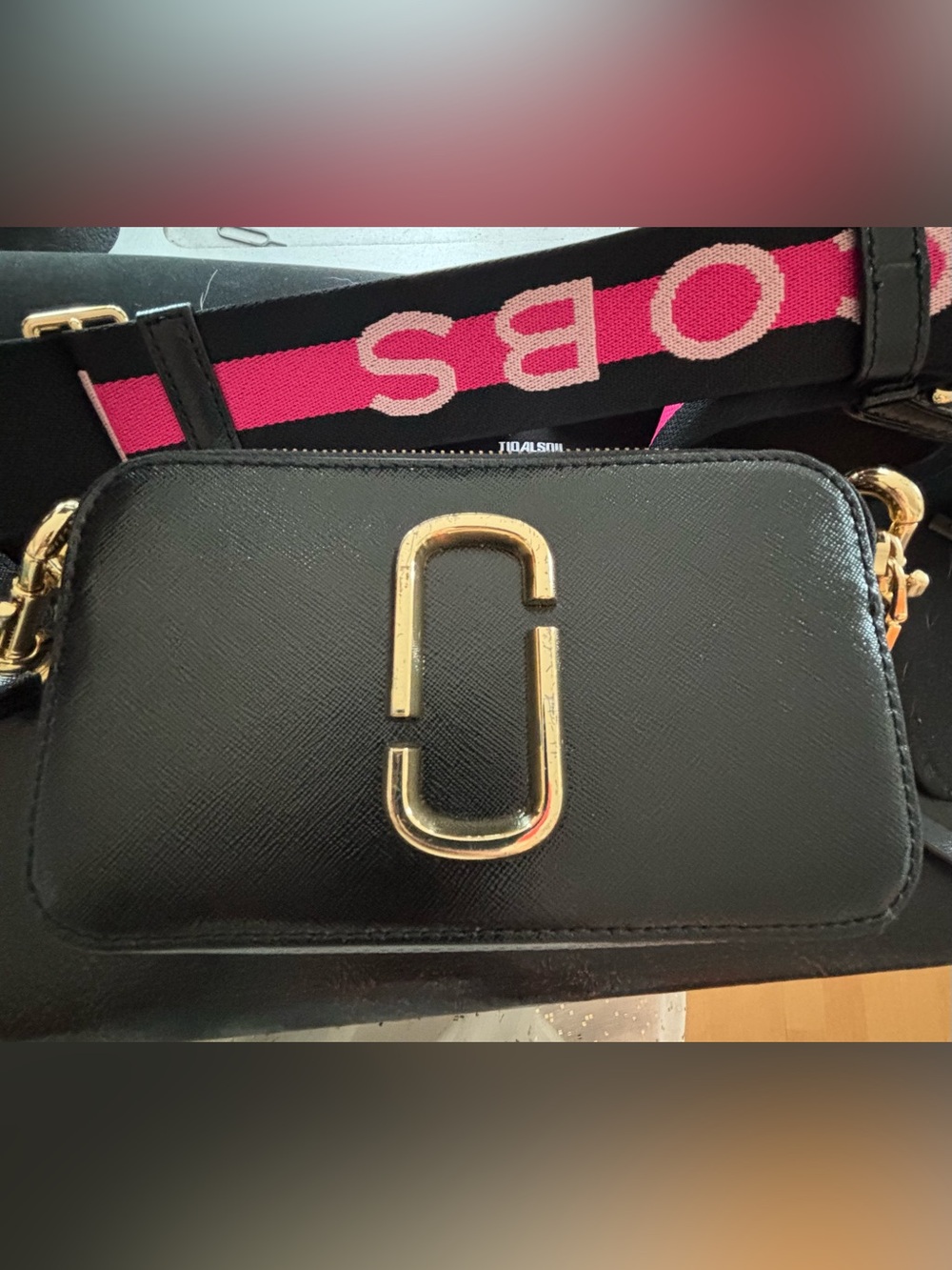 Marc Jacobs Black Crossbody camera bag with Pink Logo Strap and Gold Hardware